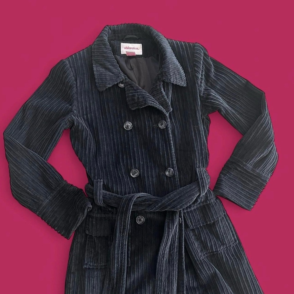 Women's Vintage Black Double Breasted Corduroy Belted Trench Coat Size M - Picture 2 of 9